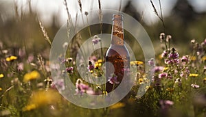 Fresh wildflower meadow, summer sunset, beer bottle, relaxation, refreshment generated by AI