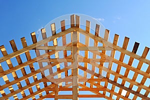 Fresh wooden yellow rafters on a background of blue sky. The construction of the pitched roof of a residential building. Bright