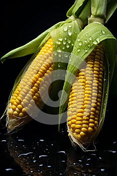 fresh yellow corn cobs with water drops