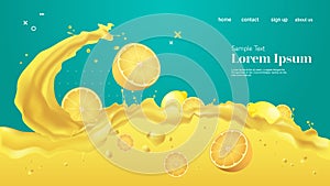 Fresh yellow lemon juice liquid splash realistic splashes healthy fruits splashing waves horizontal copy space