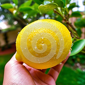 Fresh Yellow Lemon with Pores and Droplets in Hand