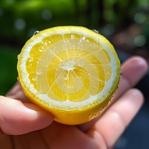 Fresh Yellow Lemon with Pores and Droplets in Hand