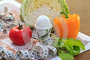 Pepper, egg, cabbage, tomato, salad and ruler on napkin