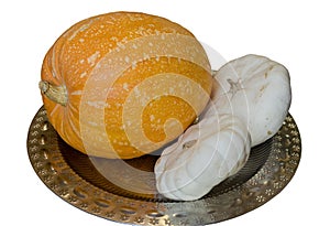 Fresh yellow pumpkin and fresh white patissons