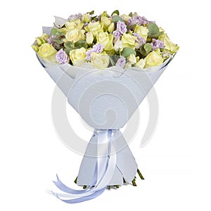 Fresh yellow and purple flower bouquet wrapped in paper with ribbon isolated on white background