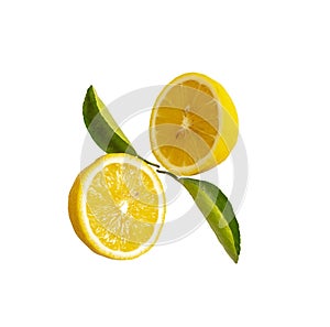 Fresh yellow ripe lemon fruits half sliced and green leaf isolated on white background, die cut with clipping path