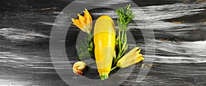 Fresh yellow zucchini and zucchini flowers on a black wooden table. Top view. Copy space