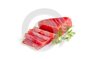 fresh yellowfin sliced tuna steak isolated on a white background. bluefin tuna medallions