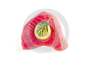 fresh yellowfin sliced tuna steak isolated on a white background. bluefin tuna medallions