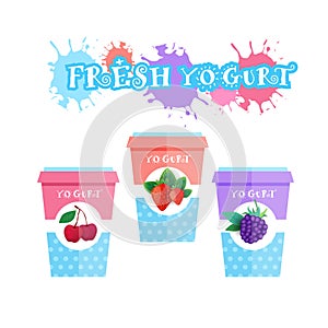Fresh Yogurt With Fruits Logo Set Isolated Organic Healthy Products And Food Concept