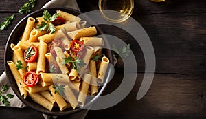 Fresh Ziti Pasta with Cherry Tomatoes in Wooden Bowl, Copy Space