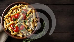 Fresh Ziti Pasta with Cherry Tomatoes in Wooden Bowl, Copy Space