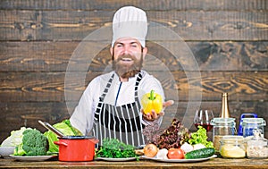 Freshest possible ingredients. Organic food. Fresh ingredients only. Vegetarian meal. Man bearded hipster cooking fresh