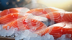 The freshest steak or fillet of fresh Atlantic salmon with herbs. Fresh fish chilled in ice. close-up. Ready to eat