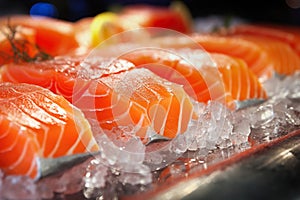 The freshest steak or fillet of fresh Atlantic salmon with herbs. Fresh fish chilled in ice. close-up. Ready to eat