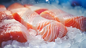 The freshest steak or fillet of fresh Atlantic salmon with herbs. Fresh fish chilled in ice. close-up. Ready to eat