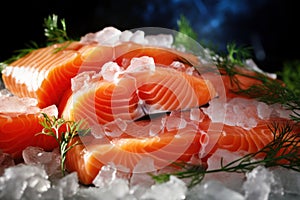 The freshest steak or fillet of fresh Atlantic salmon with herbs. Fresh fish chilled in ice. close-up. Ready to eat