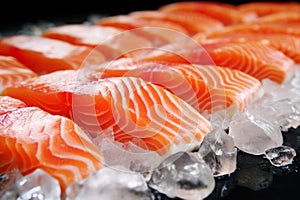 The freshest steak or fillet of fresh Atlantic salmon with herbs. Fresh fish chilled in ice. close-up. Ready to eat