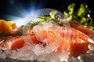 The freshest steak or fillet of fresh Atlantic salmon with herbs. Fresh fish chilled in ice. close-up. Ready to eat