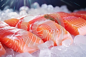 The freshest steak or fillet of fresh Atlantic salmon with herbs. Fresh fish chilled in ice. close-up. Ready to eat