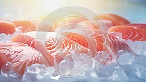 The freshest steak or fillet of fresh Atlantic salmon with herbs. Fresh fish chilled in ice. close-up. Ready to eat