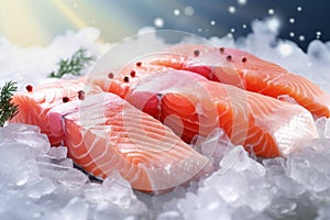 The freshest steak or fillet of fresh Atlantic salmon with herbs. Fresh fish chilled in ice. close-up. Ready to eat