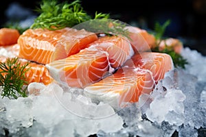 The freshest steak or fillet of fresh Atlantic salmon with herbs. Fresh fish chilled in ice. close-up. Ready to eat