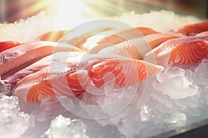 The freshest steak or fillet of fresh Atlantic salmon with herbs. Fresh fish chilled in ice. close-up. Ready to eat