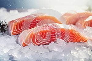 The freshest steak or fillet of fresh Atlantic salmon with herbs. Fresh fish chilled in ice. close-up. Ready to eat