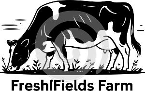 Freshfields farm branding design with a cow grazing in a pasture in a stylish black and white illustration suitable for photo