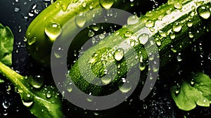 Freshgreen zucchini or courgettes with water drops background. Vegetables backdrop. Generative AI