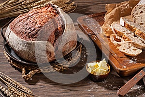 Freshly artisan crunchy baked beetroot bread. Crispy wheat and rye bread. Simple bread  with butter for breackfast