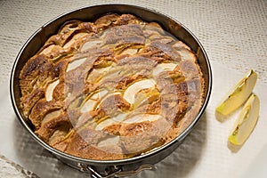 Freshly baked apple pie in round form, on the table, golden crust