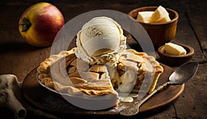 Freshly baked apple pie on rustic wood plate ,generative AI