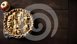 Freshly Baked Apple Pie on Rustic Wooden Table, Top View, Copy Space