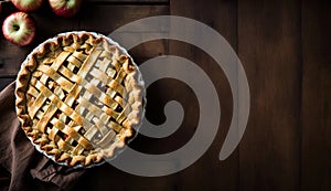 Freshly Baked Apple Pie on Rustic Wooden Table, Top View, Copy Space