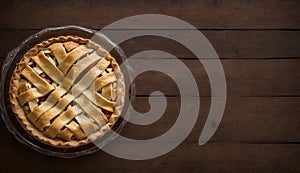 Freshly Baked Apple Pie on Rustic Wooden Table, Top View, Copy Space