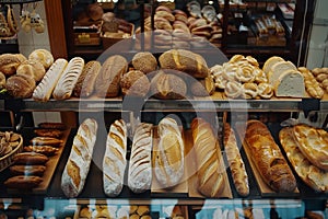 Freshly baked assortment of bread, bakery display case