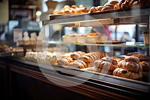 Freshly baked assortment of goods on the bakery display