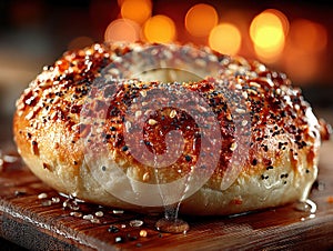 A freshly baked bagel placed on a wooden cutting board