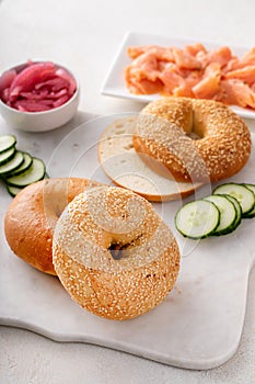 Freshly baked bagels served with dill cream cheese and salmon