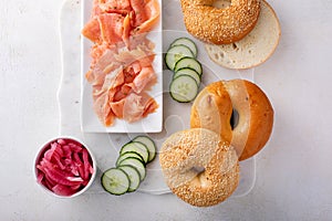 Freshly baked bagels served with dill cream cheese and salmon