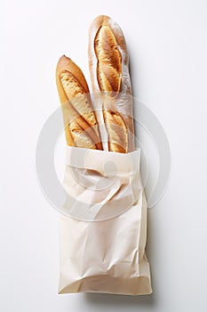 freshly baked baguette in paper bag on white background