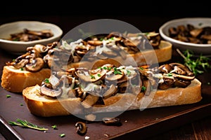 freshly baked baguette slices topped with chopped mushrooms