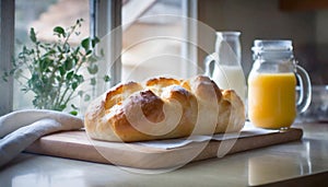 Freshly-baked baguette on wooden board against window. Tasty bakery. Morning natural light