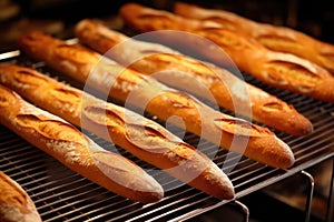 freshly baked baguettes cooling on metal grates