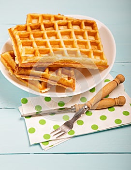 Freshly baked belgium waffles in plate. Breakfast concept with c