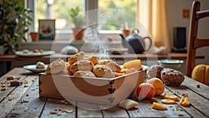 Freshly baked biscuits and fruit on rustic wooden table in cozy kitchen setting