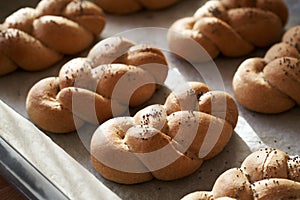 Freshly baked braided bread buns made from whole grain spelt flour