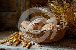 Freshly baked bread in basket with golden wheat ears